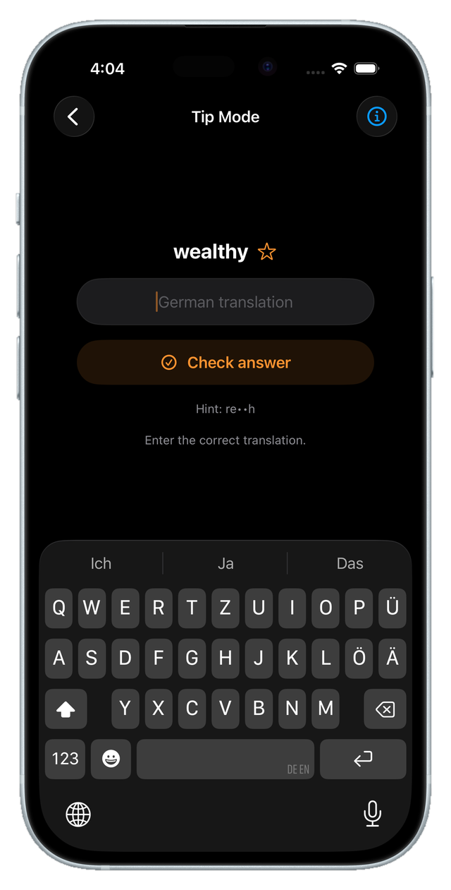 Type-the-translation screen with the on-screen keyboard