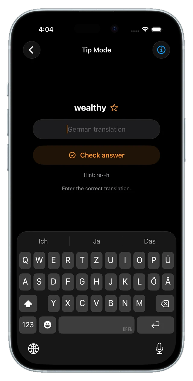 Type-the-translation screen with the on-screen keyboard