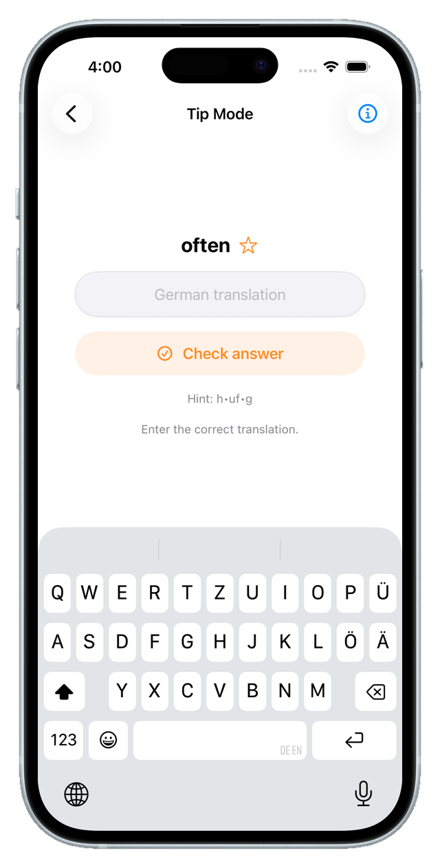 Type-the-translation screen with the on-screen keyboard