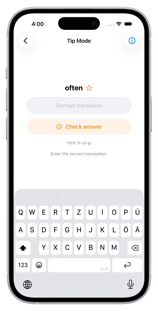 Type-the-translation screen with the on-screen keyboard