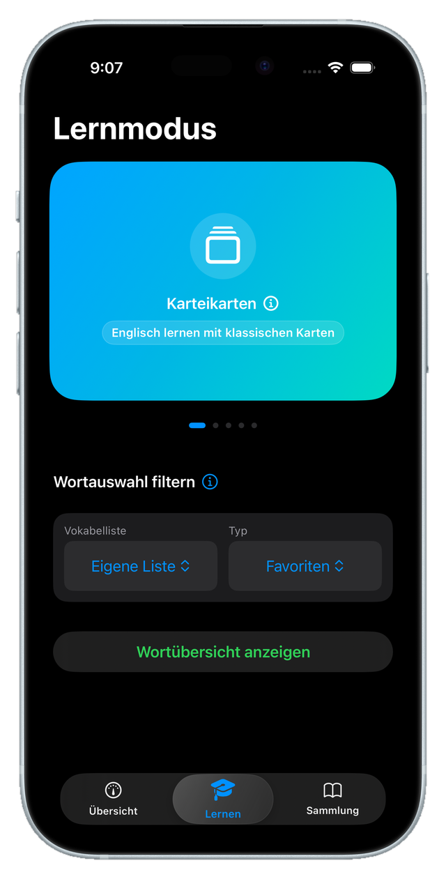 Lernmodus mit Karteikarten und verschiedenen Filtern