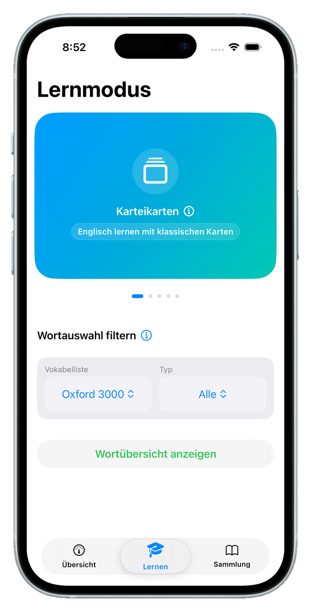 Lernmodus mit Karteikarten und verschiedenen Filtern