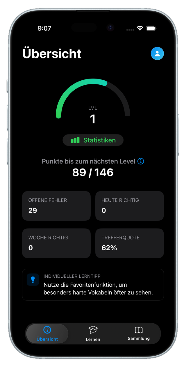 Flashcards-Übersicht mit Level, Trefferquote und Lernfortschritt