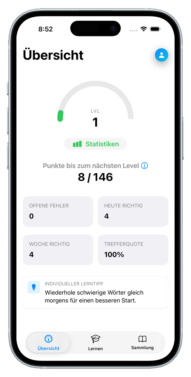 Flashcards-Übersicht mit Level, Trefferquote und Lernfortschritt