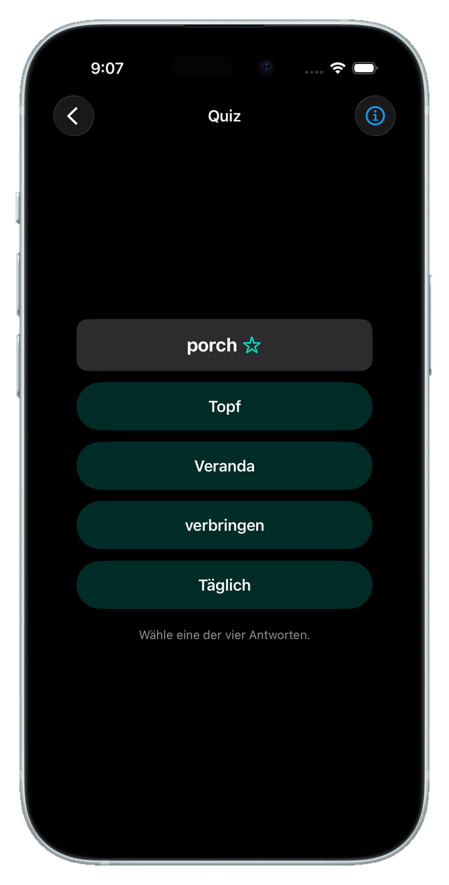Multiple-Choice-Quiz mit vier Antwortmöglichkeiten