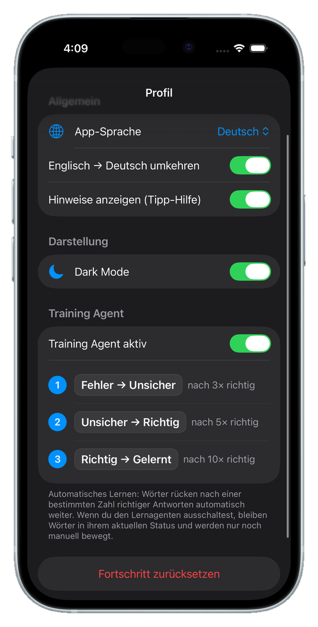 Einstellungen für Lernrichtung, Dark Mode und Trainingsregeln