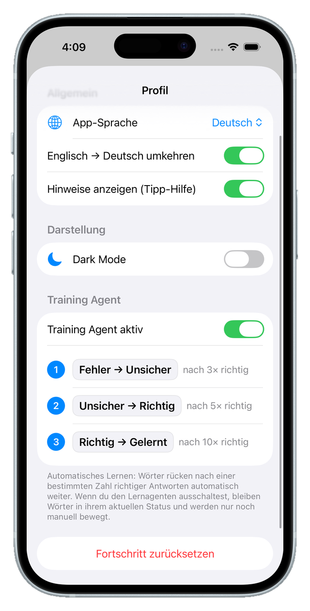 Einstellungen für Lernrichtung, Dark Mode und Trainingsregeln