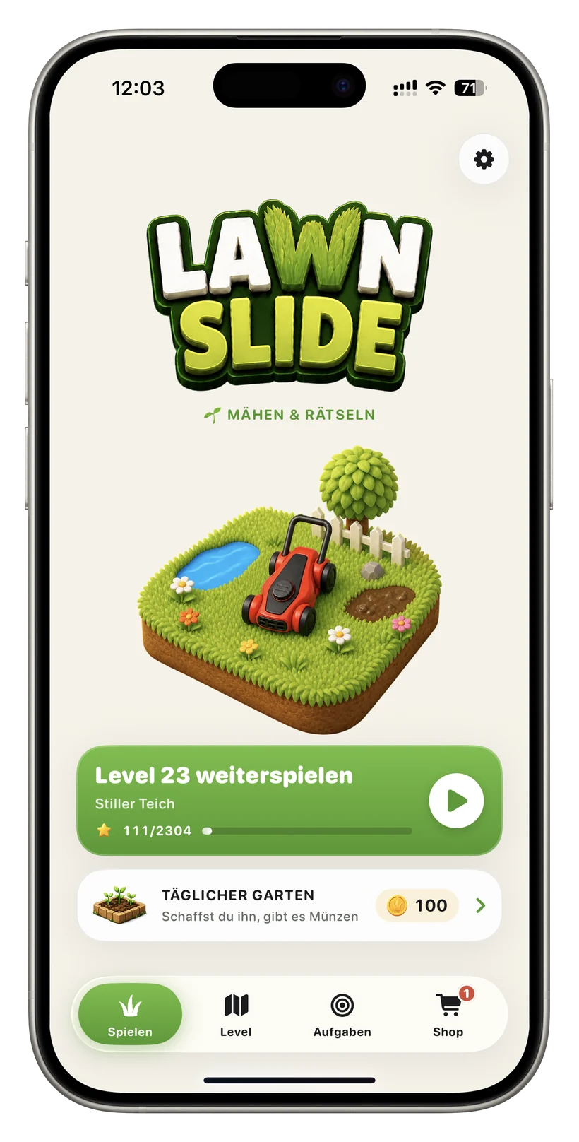 Lawn-Slide-Startbildschirm: 3D-Logo, Garten-Diorama mit rotem Mäher, Karten „Level 23 weiterspielen“ und „Täglicher Garten“.