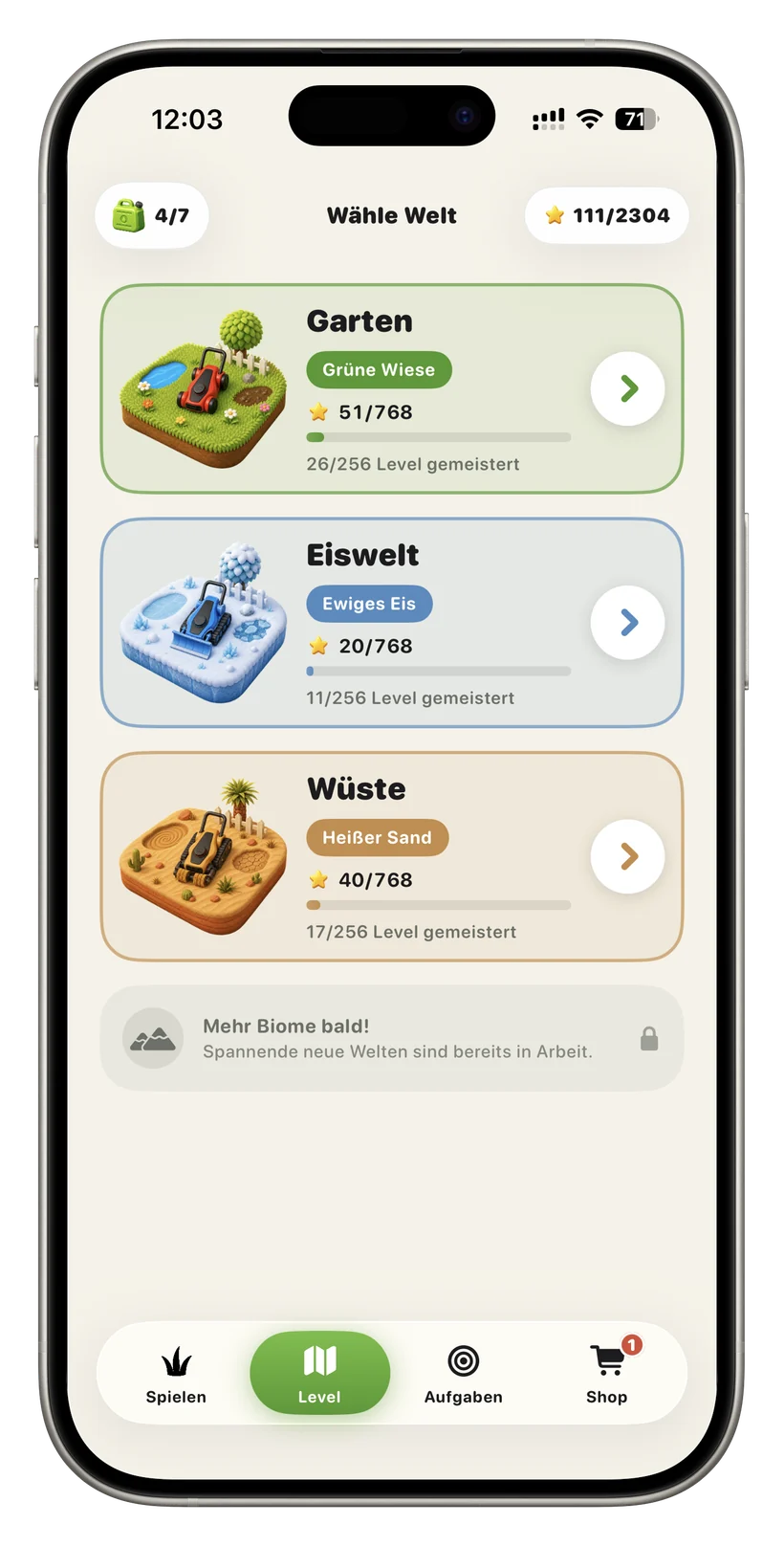 Weltauswahl mit drei Karten: Garten, Eiswelt, Wüste, je mit Sternen und gemeisterten Leveln.