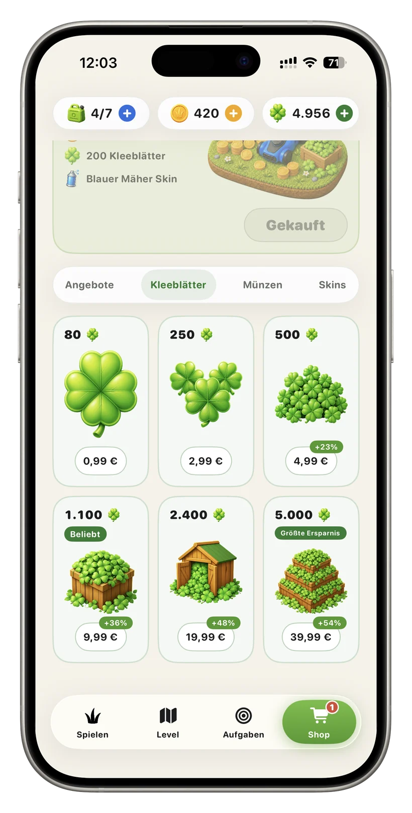 Shop, Reiter „Klee“: sechs Klee-Pakete von 0,99 € bis 39,99 €, Starter-Paket als „Owned“ markiert.