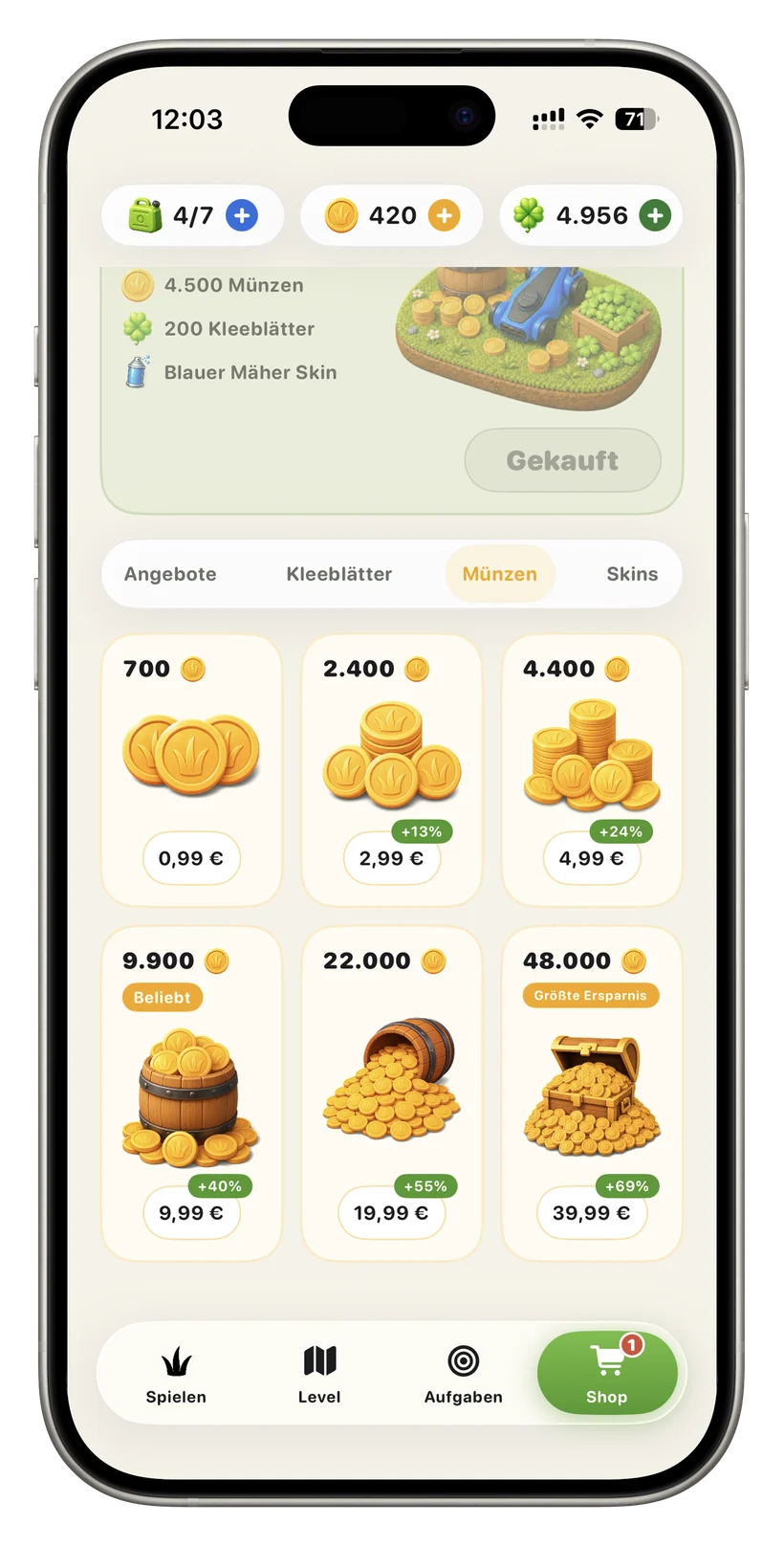 Shop, Reiter „Münzen“: sechs Münzpakete von 0,99 € bis 39,99 € mit Bonus-Prozenten und „Popular“/„Biggest saving“.