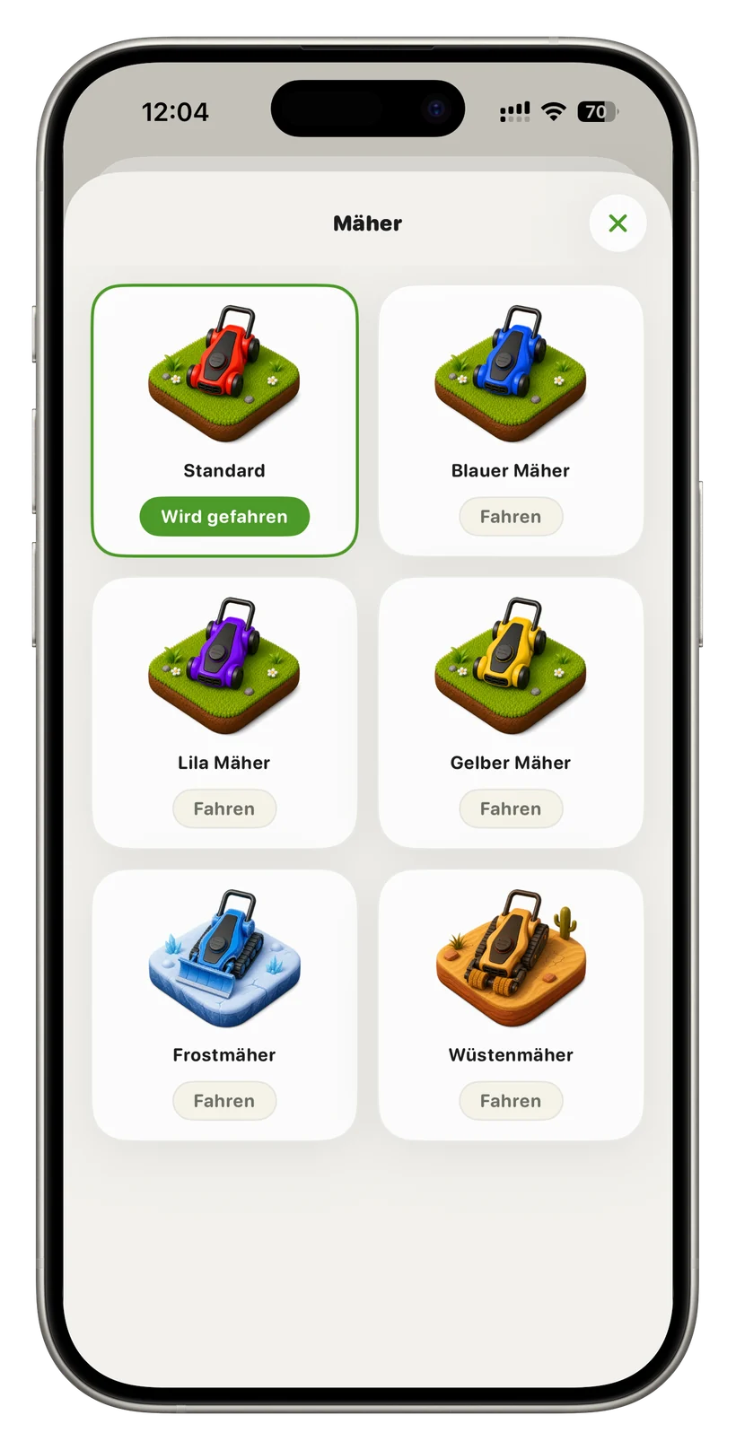 Mäher-Auswahl mit sechs Skins: Standard (in Benutzung), Blau, Lila, Gelb, Frost, Wüste.