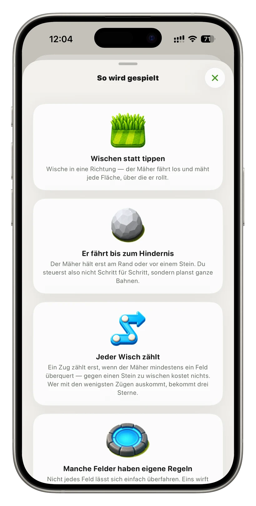 „So wird gespielt“-Blatt: Karten „Wischen statt tippen“, „Er fährt bis zum Hindernis“, „Jeder Wisch zählt“, „Manche Felder haben eigene Regeln“.