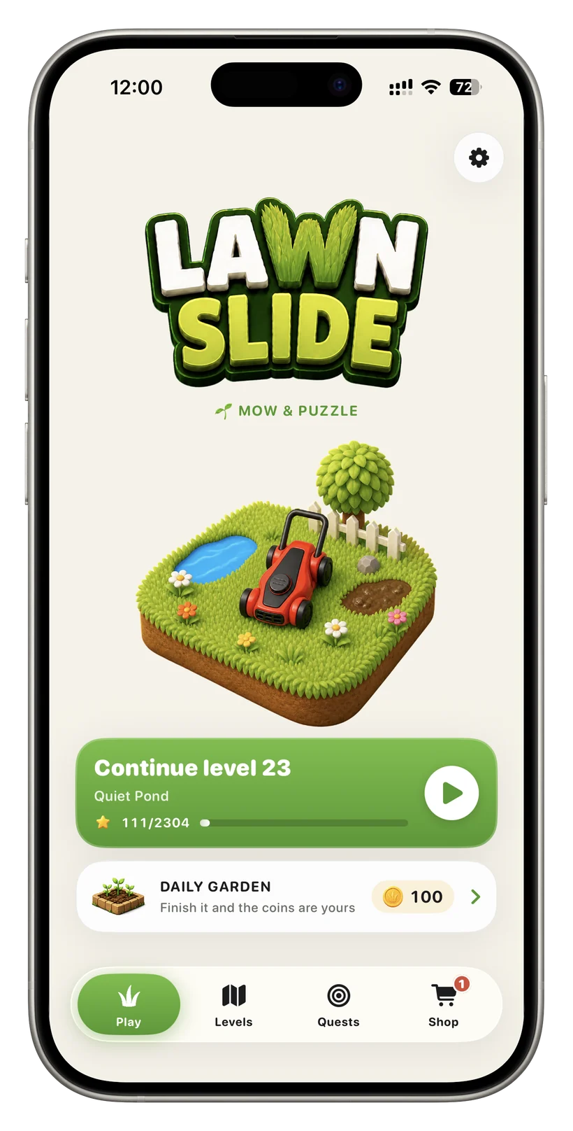 Lawn Slide home screen: 3D logo, garden diorama with a red mower, “Continue level 23” and “Daily Garden” cards.