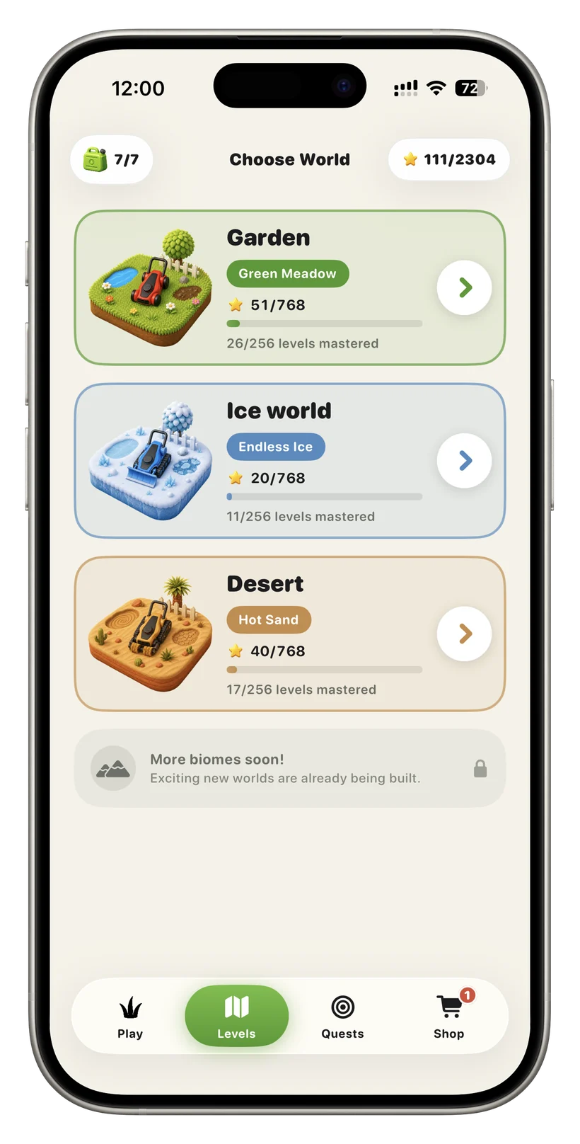 World-select screen with three cards: Garden (Green Meadow), Ice world (Endless Ice), Desert (Hot Sand), each showing stars and levels mastered.
