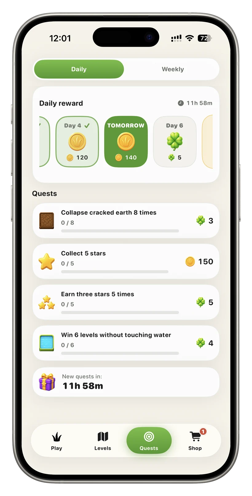 Daily quests tab with a reward calendar and four quests with coin and clover rewards.