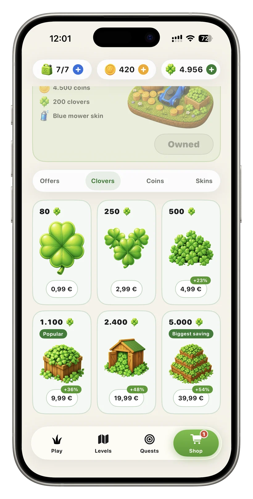 Shop, Clovers tab: six clover packs from 0.99€ to 39.99€, with a starter pack marked “Owned”.
