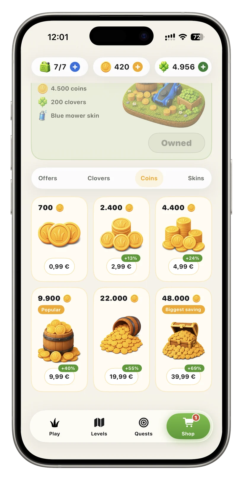 Shop, Coins tab: six coin packs from 0.99€ to 39.99€ with bonus-percentage and “Popular”/“Biggest saving” flags.