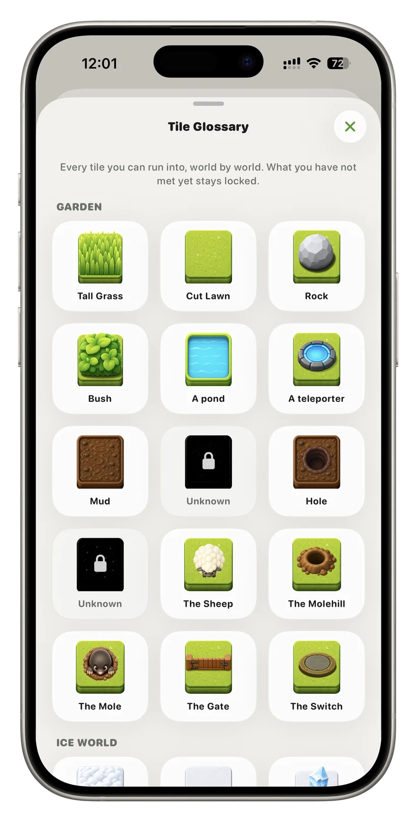 Tile Glossary listing Garden tiles: tall grass, cut lawn, rock, bush, pond, teleporter, mud, hole, sheep, molehill, mole, gate, switch, some still locked.