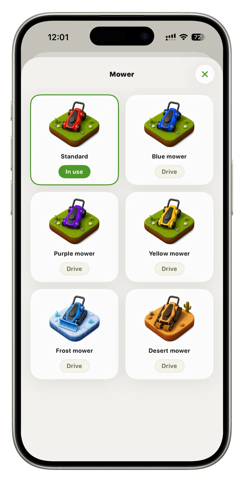 Mower picker with six skins: Standard (in use), Blue, Purple, Yellow, Frost, Desert.