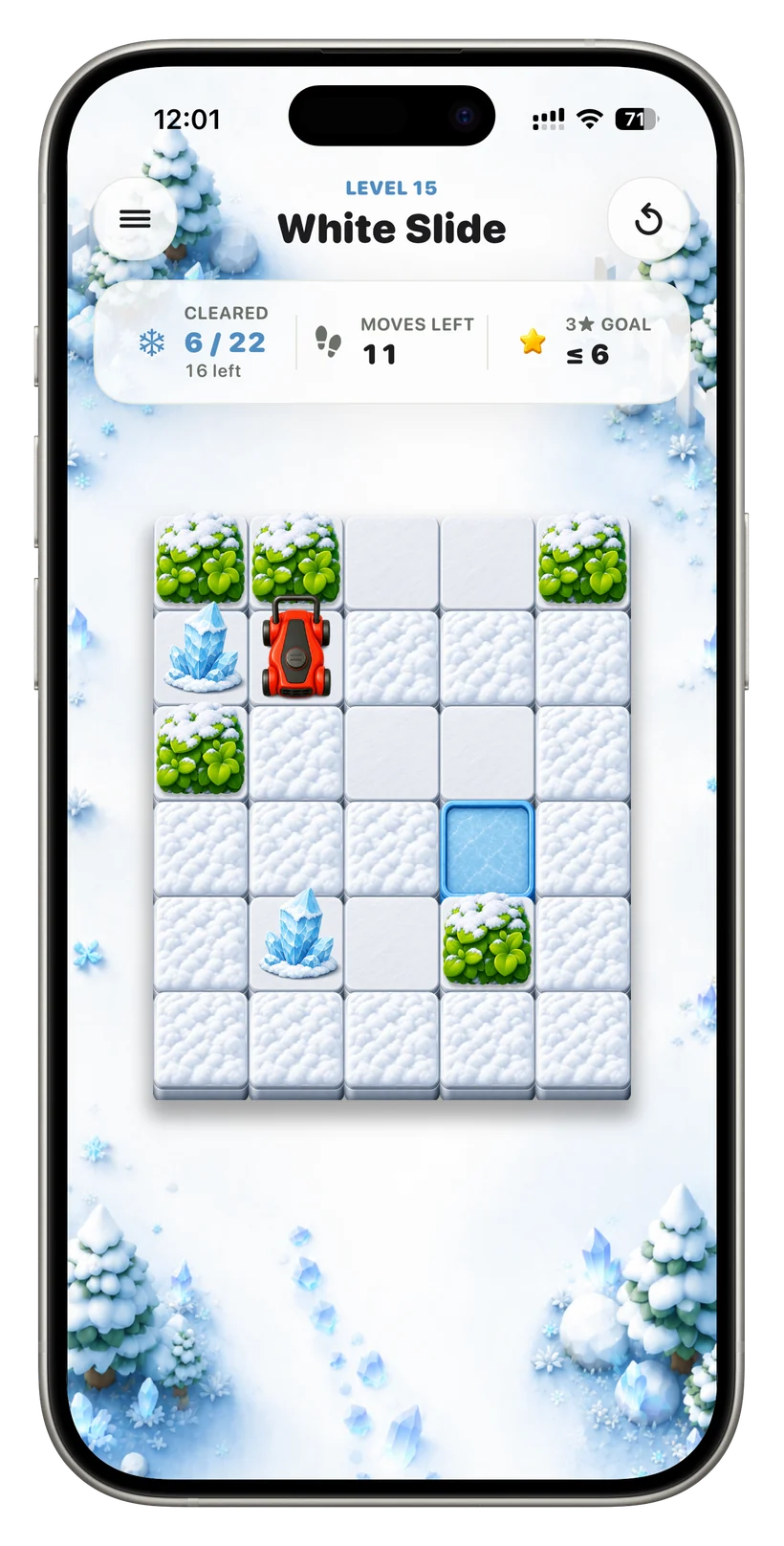 Ice level “White Slide”: snow tiles, ice crystals, snow-topped bushes and an ice pond with a red mower; CLEARED 6/22, 11 moves left, goal ≤6.