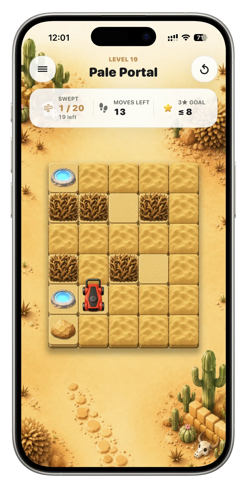Desert level “Pale Portal”: sand tiles, dry brush, two teleporter portals and a rock with a red mower; SWEPT 1/20, 13 moves left, goal ≤8.