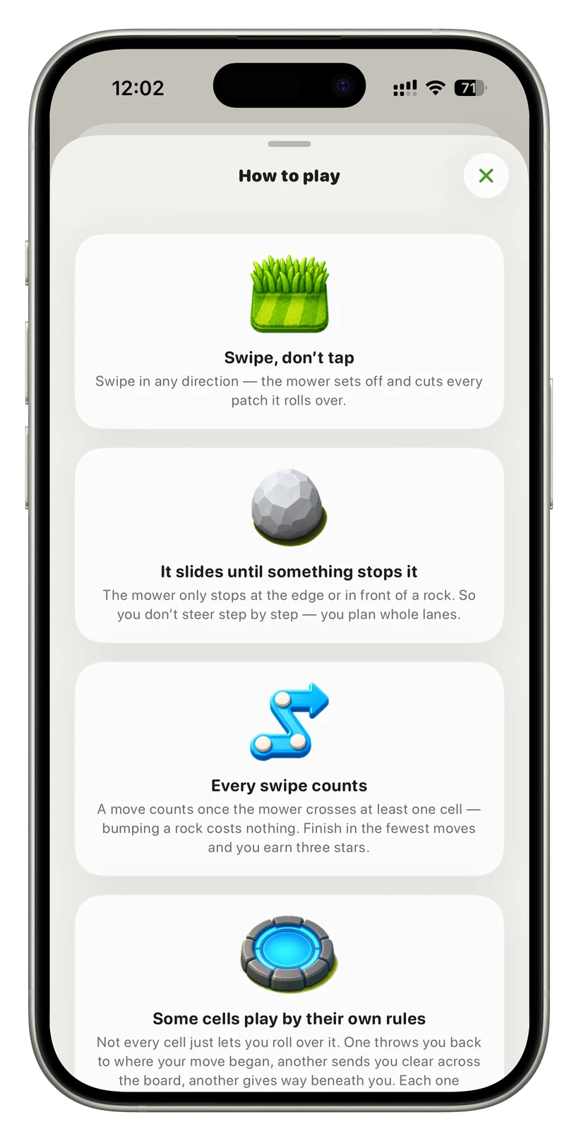 “How to play” sheet: cards for “Swipe, don’t tap”, “It slides until something stops it”, “Every swipe counts”, “Some cells play by their own rules”.