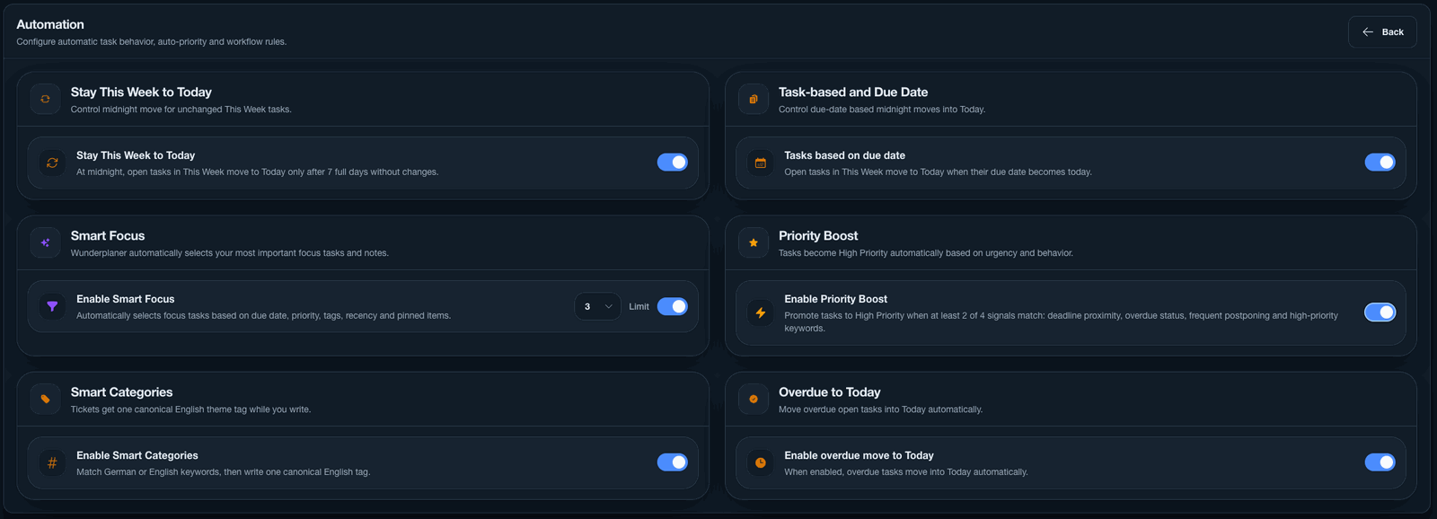 Automation settings with Smart Focus, Priority Boost and Smart Categories toggles