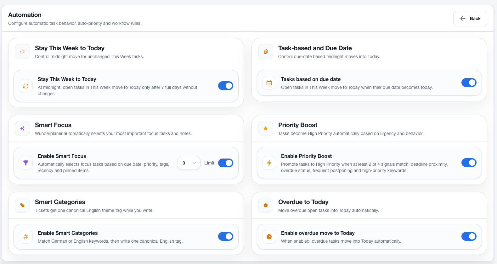 Automation settings with Smart Focus, Priority Boost and Smart Categories toggles