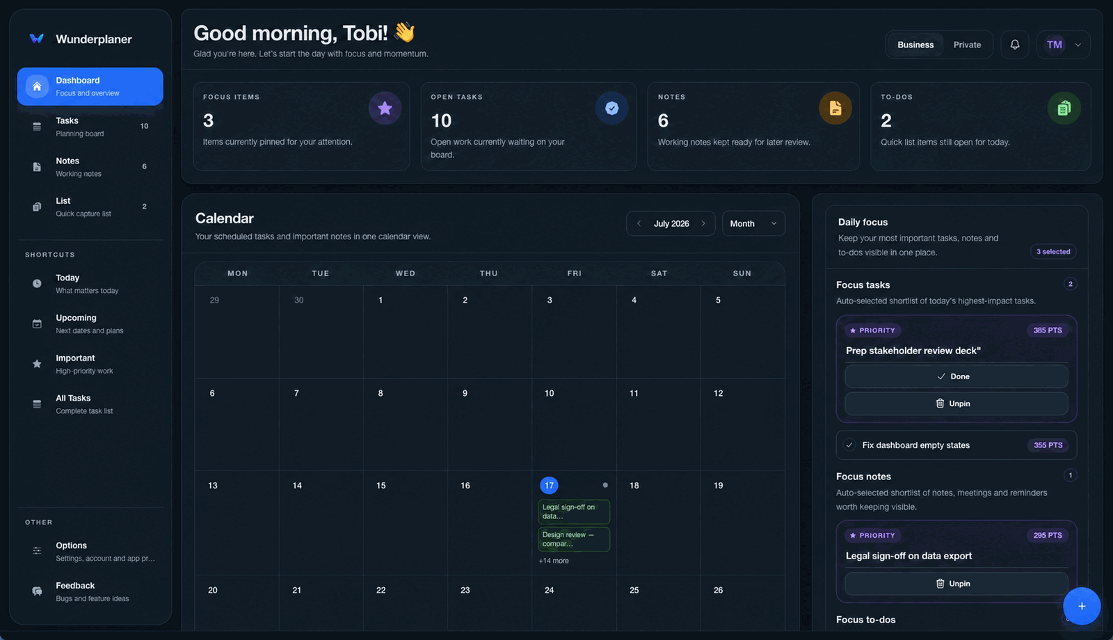 The Wunderplanning dashboard with a monthly calendar and the daily-focus panel