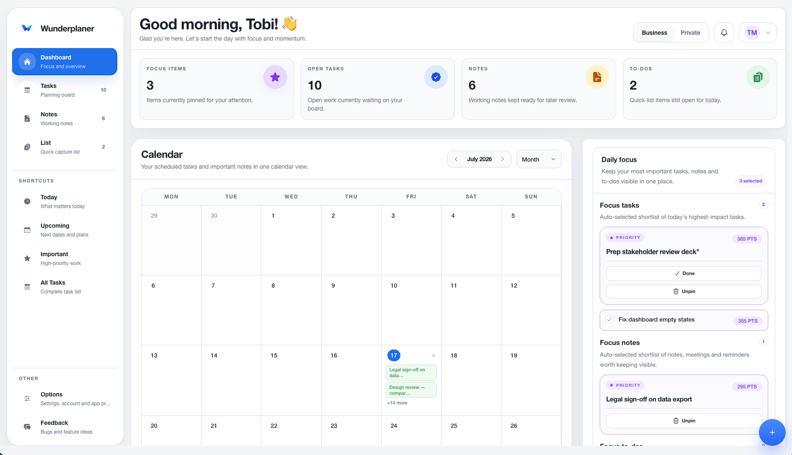 The Wunderplanning dashboard with a monthly calendar and the daily-focus panel