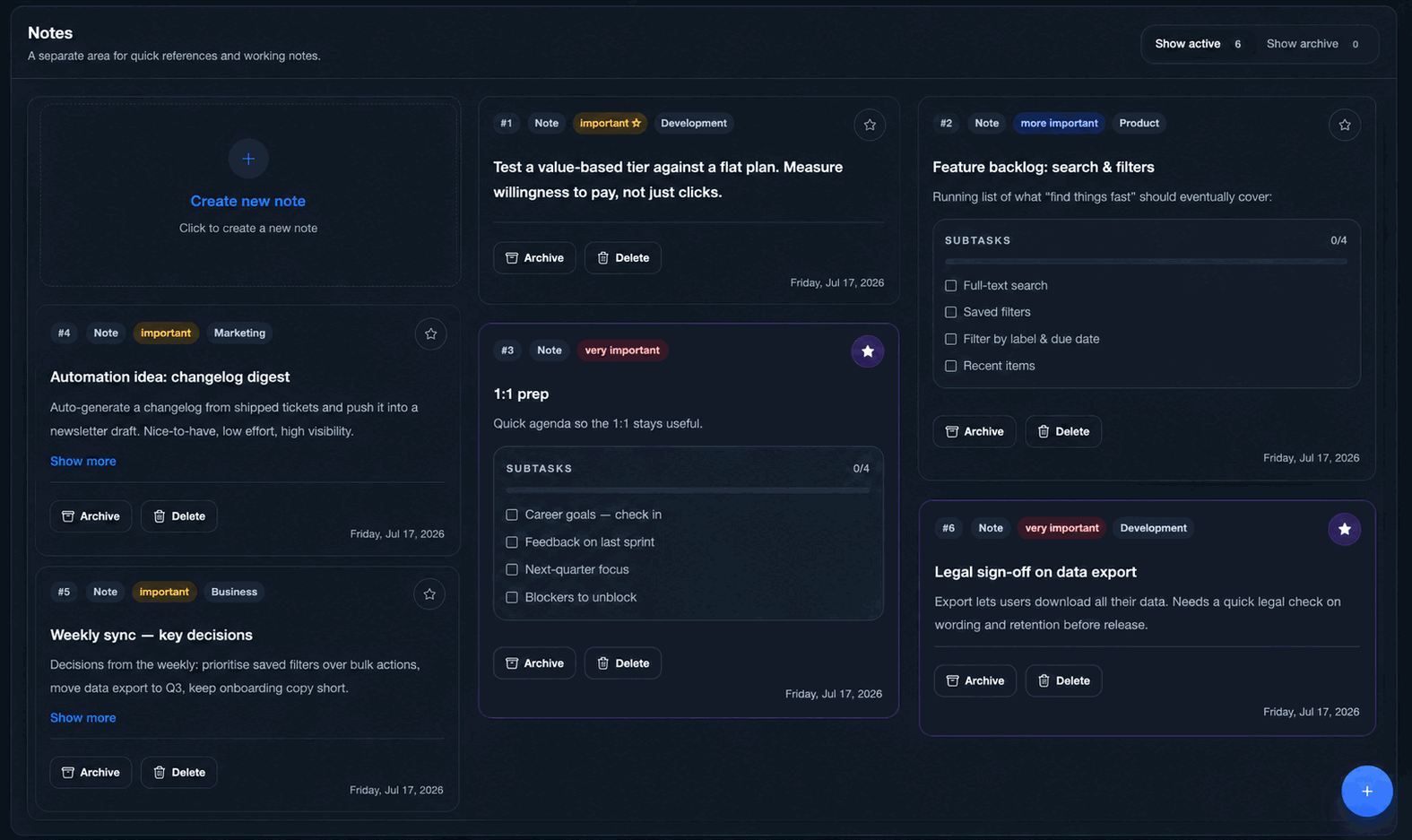 The notes area with note cards, labels and subtasks