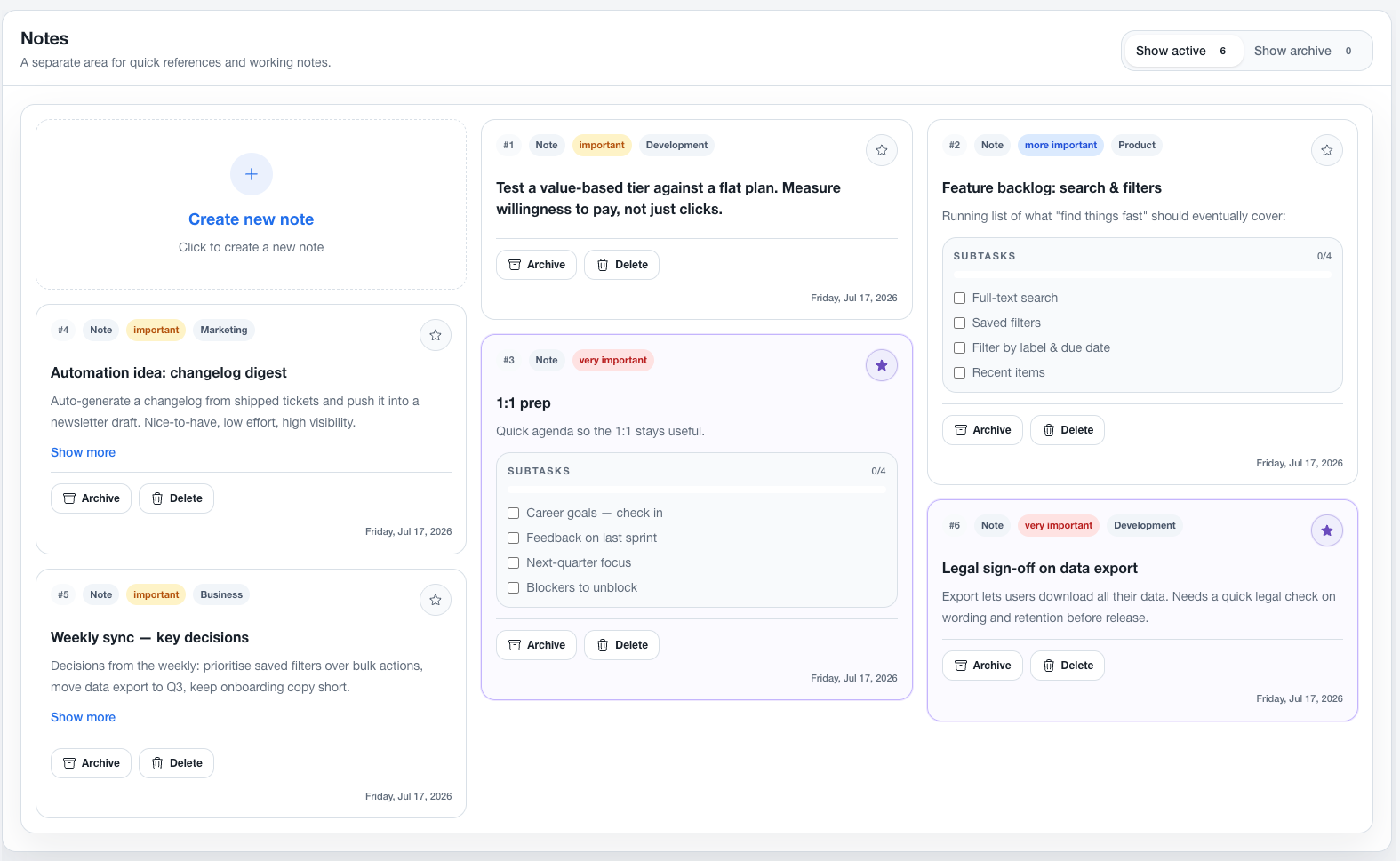 The notes area with note cards, labels and subtasks